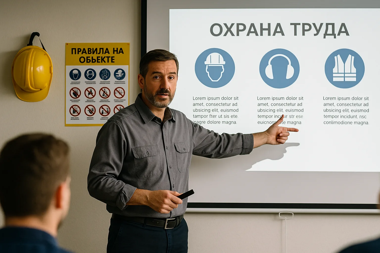 обучение охране труда с проектором и каской