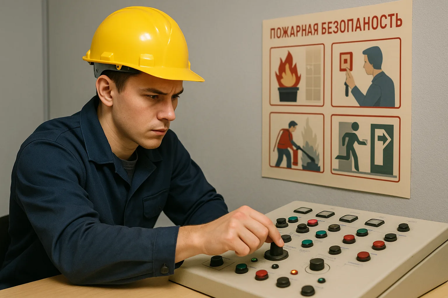 стажёр обучается на тренажёре по пожарной безопасности